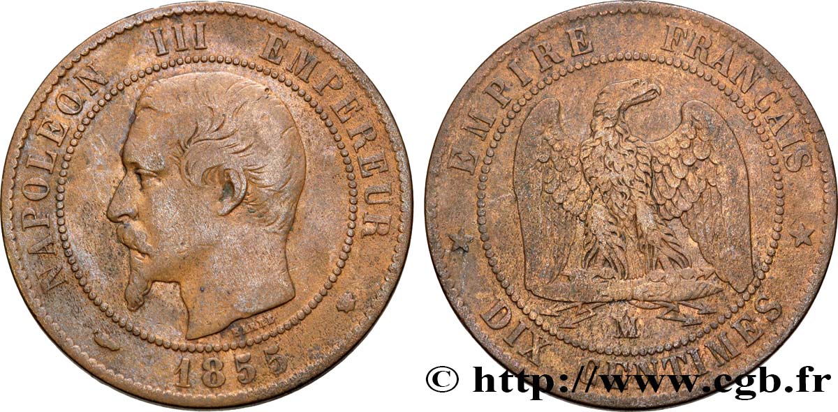 Dix centimes Napoléon III, tête nue 1855 Marseille F.133/30 BC35 