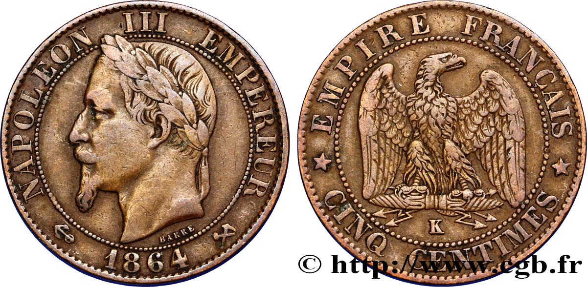 Cinq centimes Napoléon III, tête laurée 1864 Bordeaux F.117/15 MBC45 
