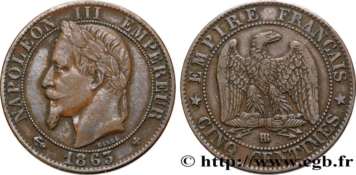 Cinq centimes Napoléon III, tête laurée 1863 Strasbourg F.117/11 MBC42 