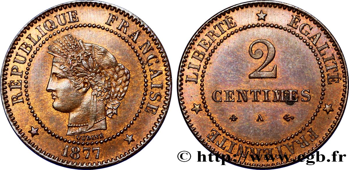 2 centimes Cérès 1877 Paris F.109/2 SUP58 