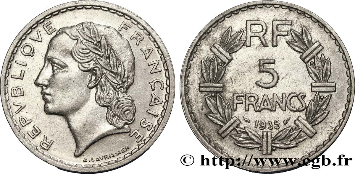 5 francs Lavrillier, nickel 1935  F.336/4 EBC55 