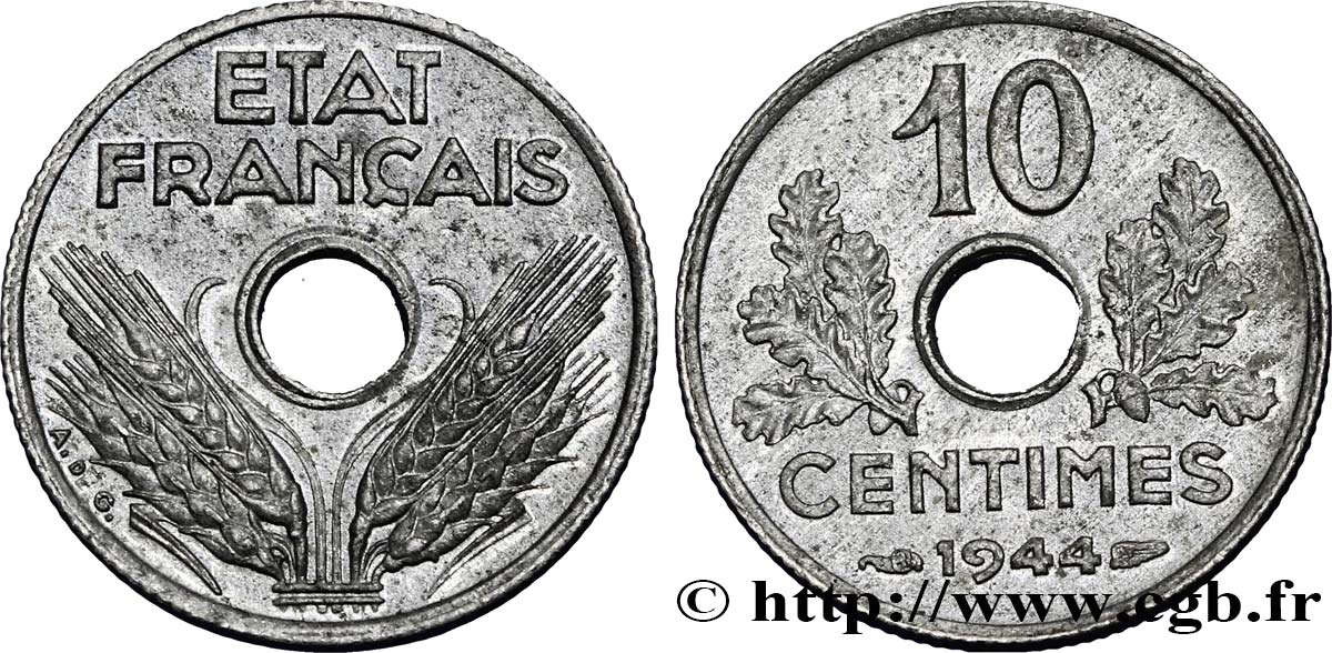 10 centimes État français, petit module 1944  F.142/3 MS60 