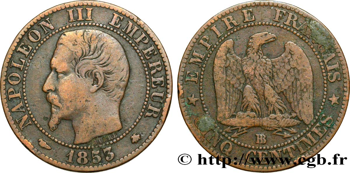 Cinq centimes Napoléon III, tête nue 1853 Strasbourg F.116/3 TB35 