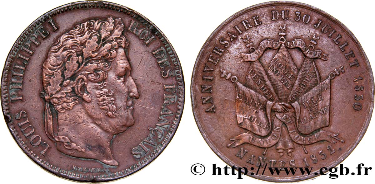 Module de 5 francs en cuivre commémorant l’anniversaire du 30 juillet 1830 1832 Nantes F.324/12 var. MBC48 