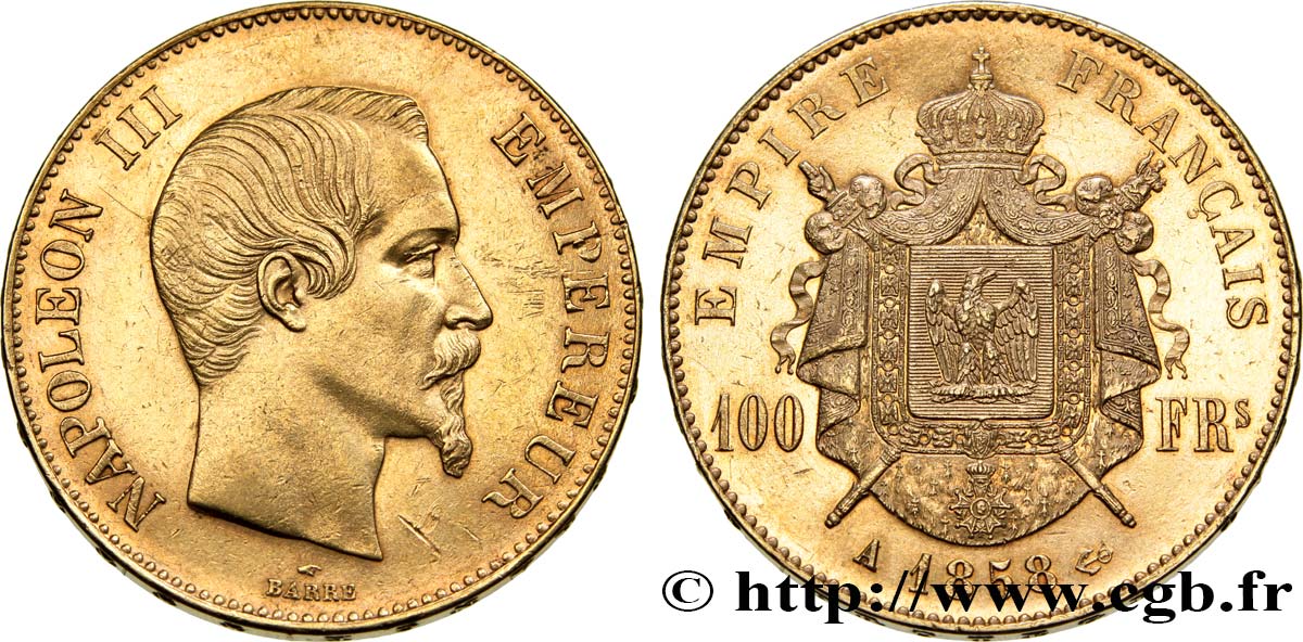 100 francs or Napoléon III, tête nue 1858 Paris F.550/5 TTB50 