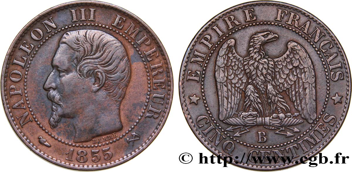 Cinq centimes Napoléon III, tête nue 1855 Rouen F.116/18 TTB45 