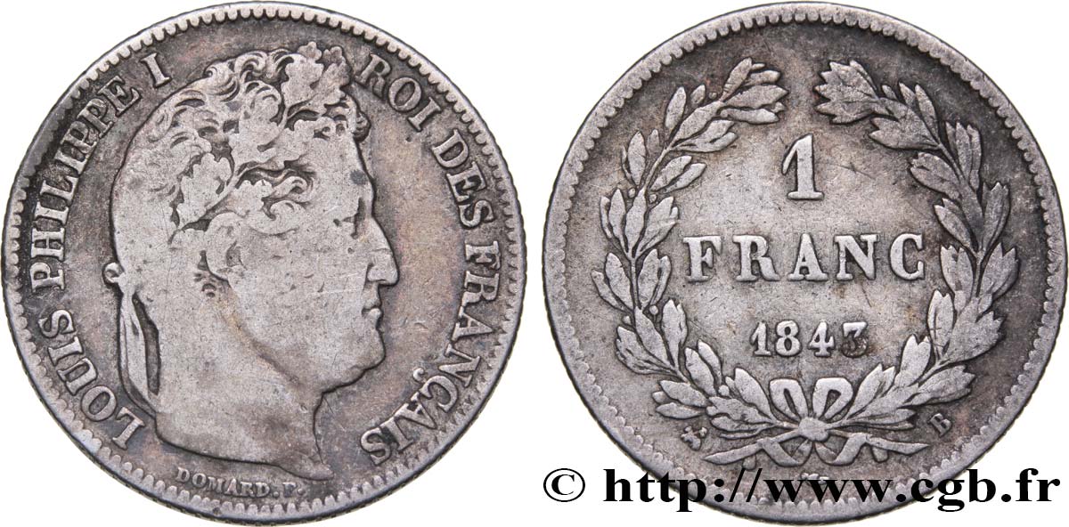 1 franc Louis-Philippe, couronne de chêne 1843 Rouen F.210/91 VF20 