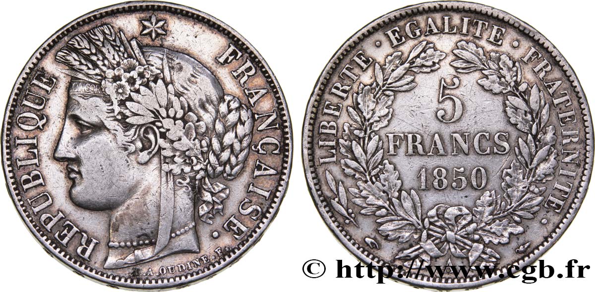 5 francs Cérès, IIe République 1850 Paris F.327/4 SS40 