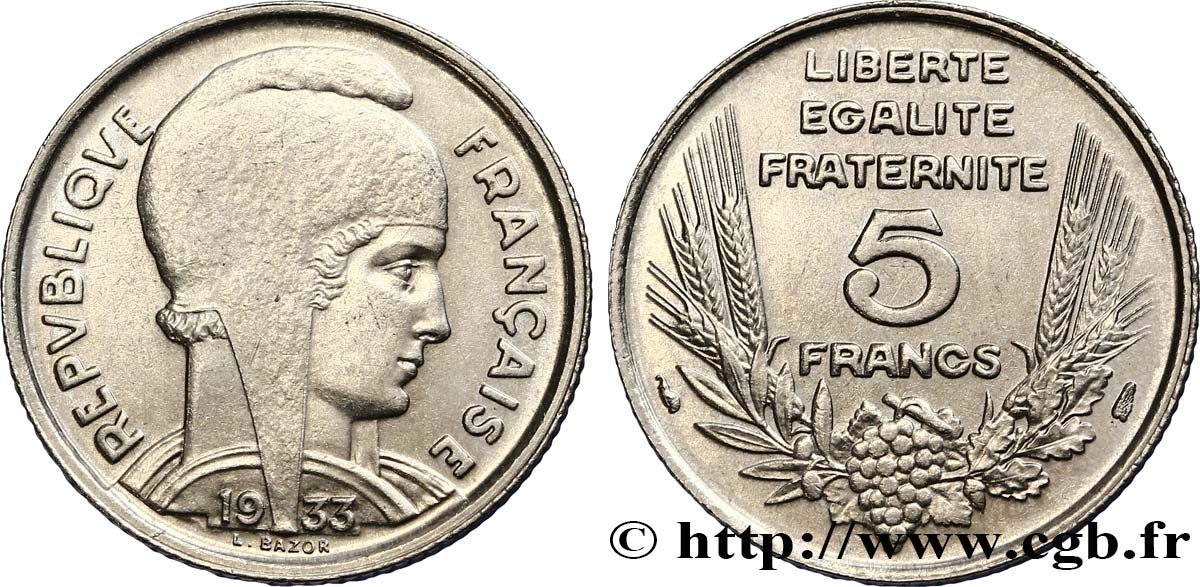 5 francs Bazor 1933  F.335/2 AU55 