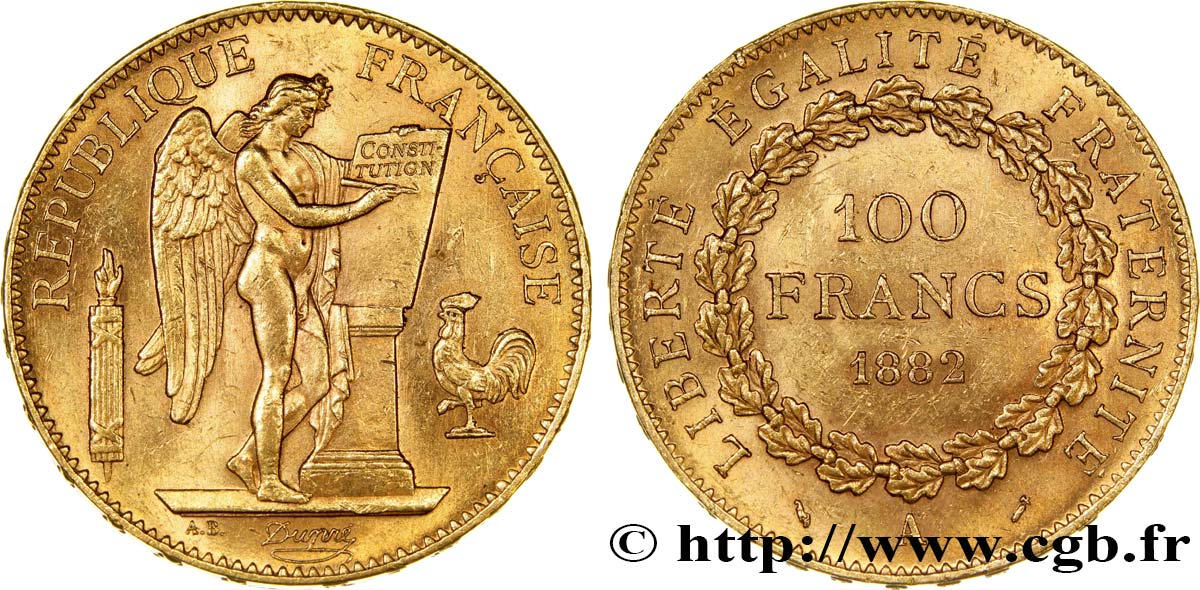 100 francs or Génie, tranche inscrite en relief Dieu protège la France 1882 Paris F.552/5 SUP55 