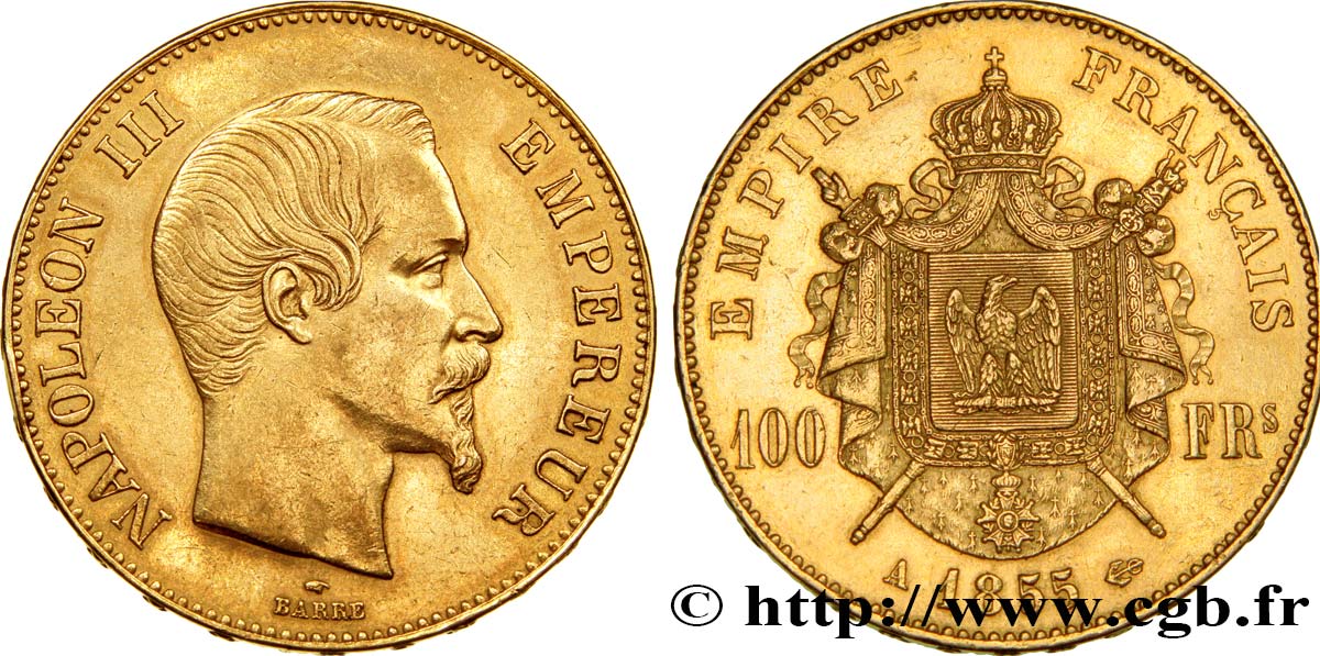 100 francs or Napoléon III, tête nue 1855 Paris F.550/1 MBC50 