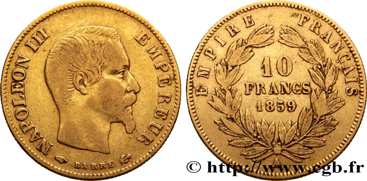 10 francs or Napoléon III, tête nue 1859 Paris F.506/7 XF40 