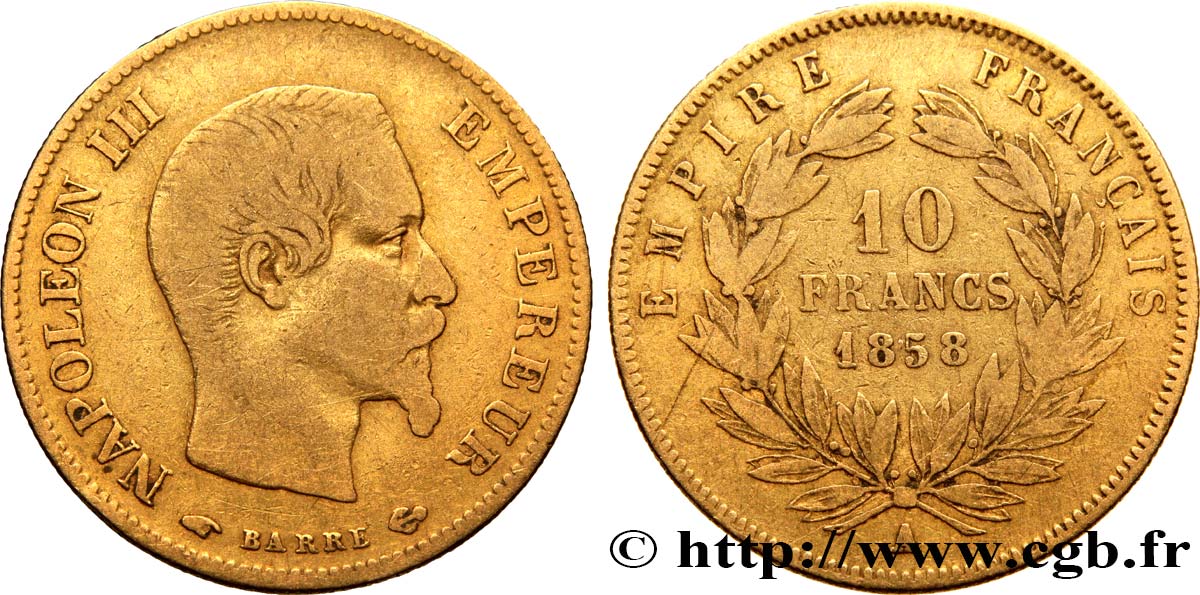 10 francs or Napoléon III, tête nue, grand module 1858 Paris F.506/5 MB25 