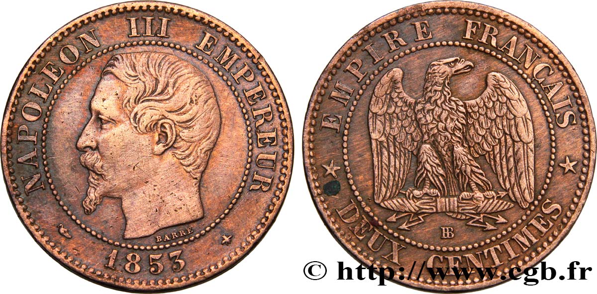 Deux centimes Napoléon III, tête nue 1853 Strasbourg F.107/3 MBC 