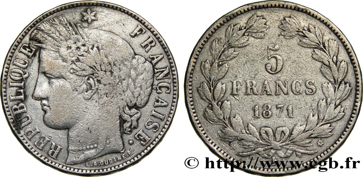 5 francs Cérès, sans légende 1871 Bordeaux F.332/8 F15 