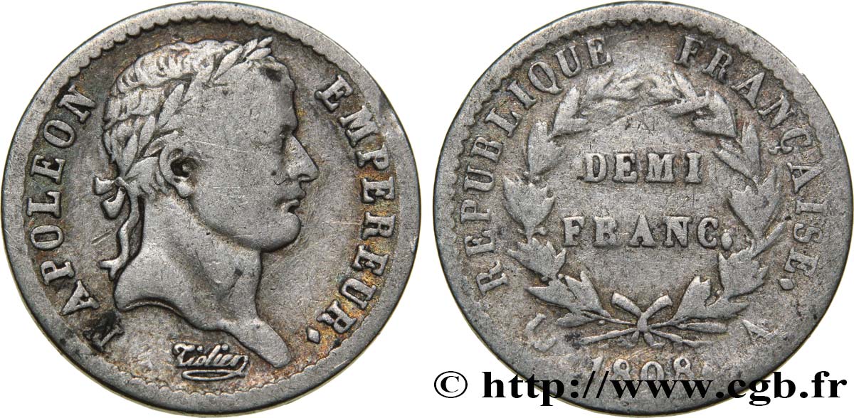Demi-franc Napoléon Ier tête laurée, République française 1808 Paris F./ TB20 