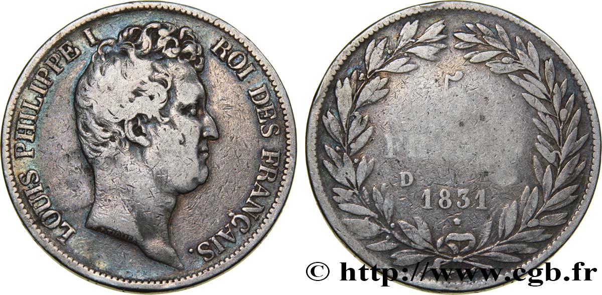 5 francs type Tiolier avec le I, tranche en creux 1831 Lyon F.315/17 MB20 