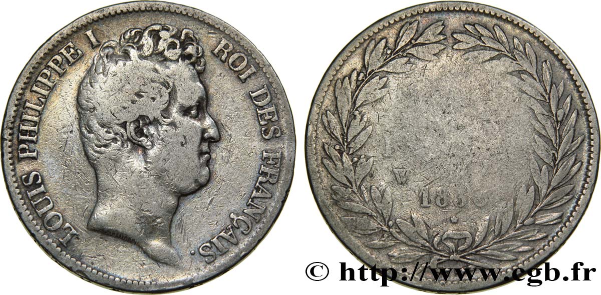 5 francs type Tiolier avec le I, tranche en creux 1830 Lille F.315/13 B12 