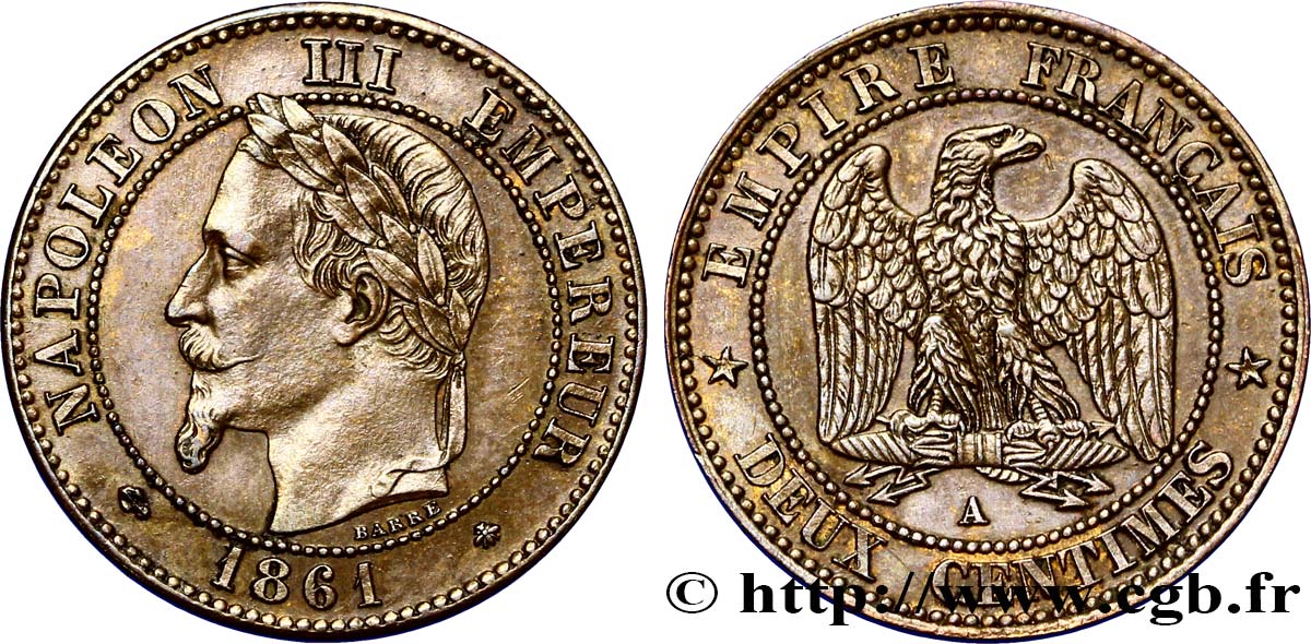 Deux centimes Napoléon III, tête laurée 1861 Paris F.108A/1 TTB48 
