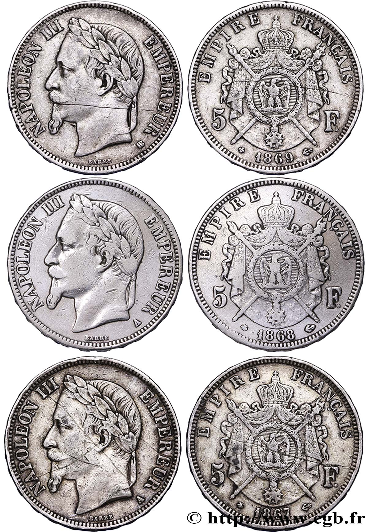 Lot de trois pièces de 5 francs Napoléon III, tête laurée n.d. - F.331/10-12-15 B/MB 
