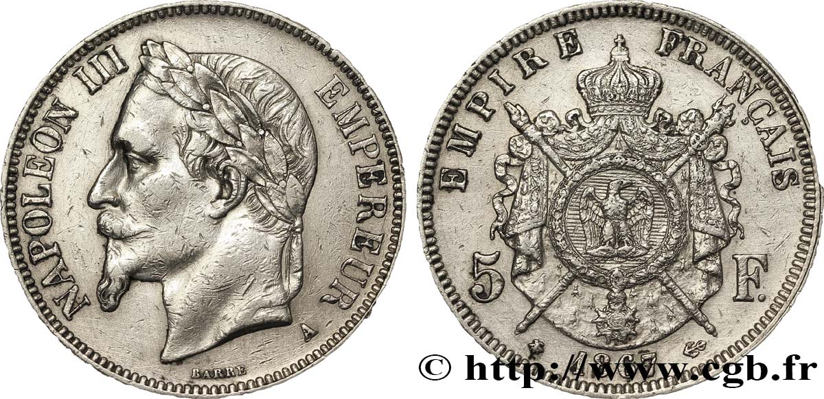 5 francs Napoléon III, tête laurée 1867 Paris F.331/10 VF30 