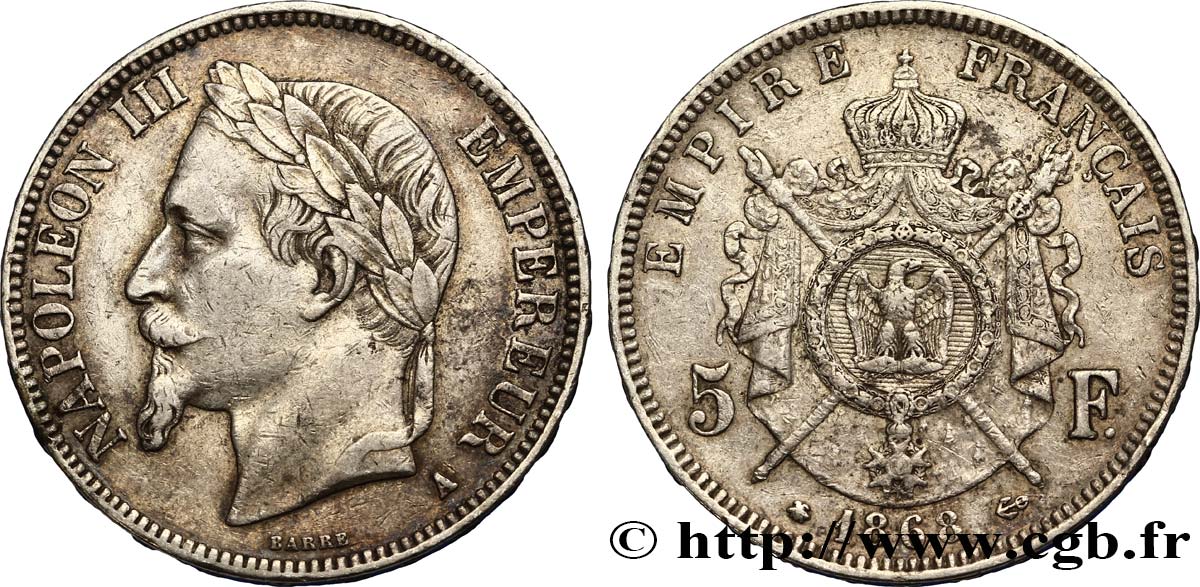 5 francs Napoléon III, tête laurée 1868 Paris F.331/12 BC30 