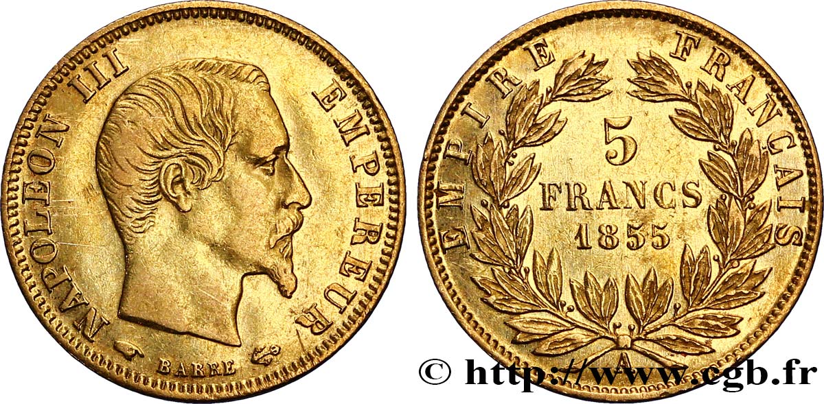 5 francs or Napoléon III, tête nue, grand module 1855 Paris F.501/1 XF45 