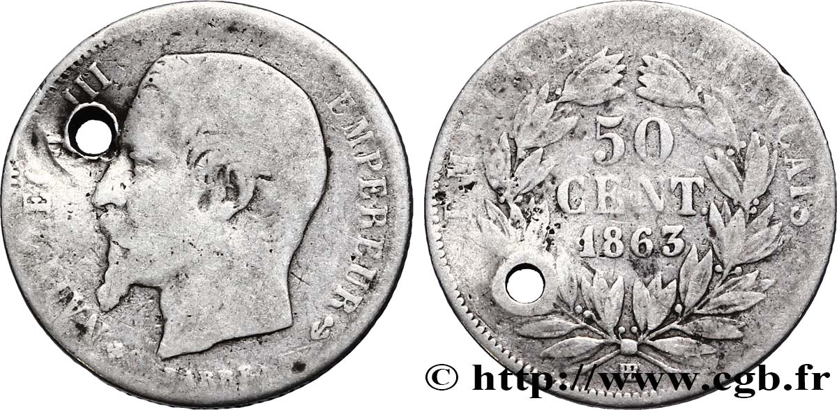50 centimes Napoléon III, tête nue 1863 Strasbourg F.187/17 fS 