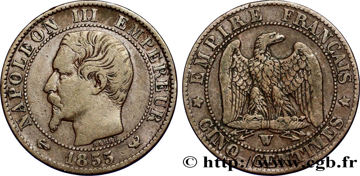Cinq centimes Napoléon III, tête nue 1855 Lille F.116/29 TB20 