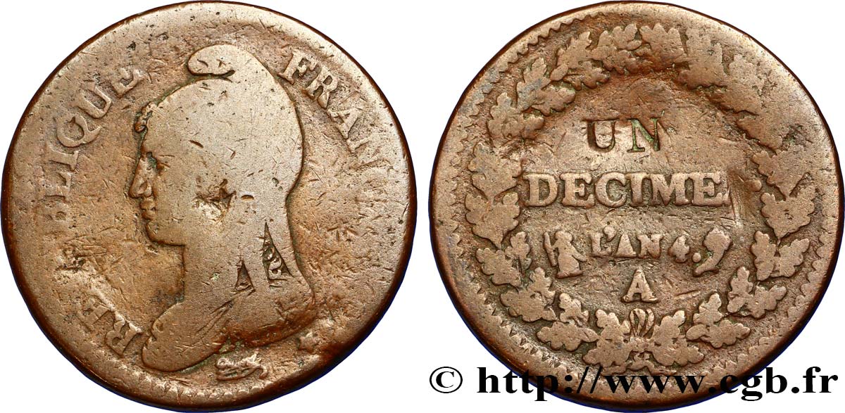 Un décime Dupré, modification du 2 décimes 1796 Paris F.127/1 BC15 
