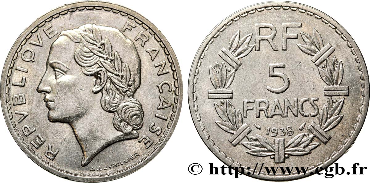 5 francs Lavrillier, nickel 1938  F.336/7 SPL55 