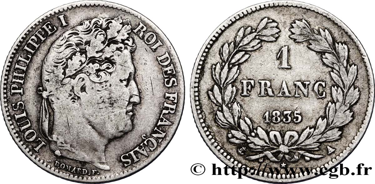 1 franc Louis-Philippe, couronne de chêne 1835 Paris F.210/40 TB20 