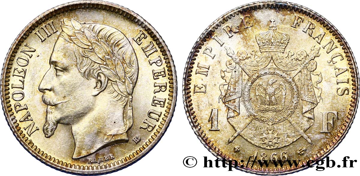 1 franc Napoléon III, tête laurée 1866 Strasbourg F.215/4 SUP60 