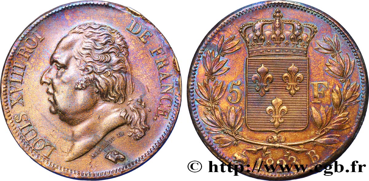 5 francs Louis XVIII, tête nue 1823 Rouen F.309/77 SUP58 