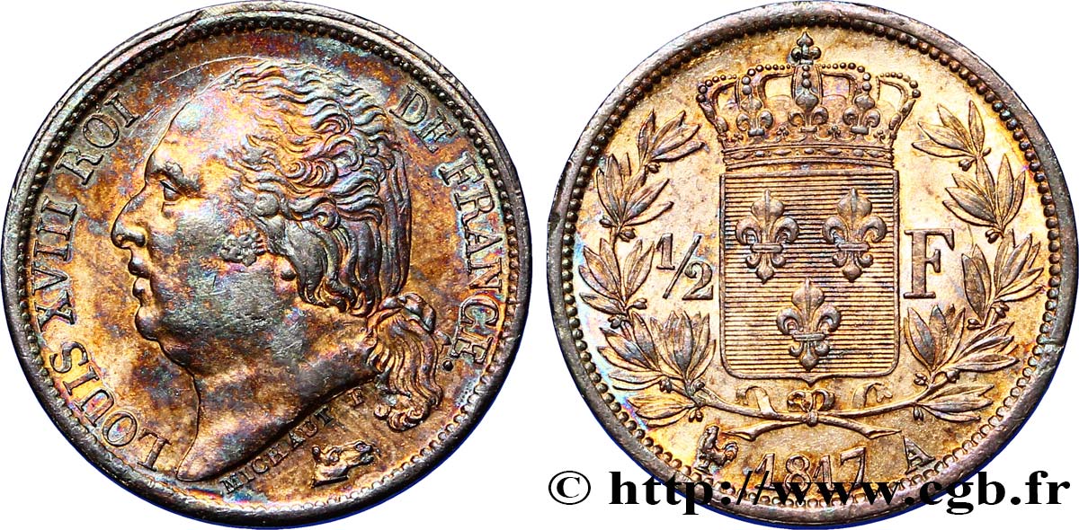 1/2 franc Louis XVIII, frappe médaille 1817 Paris F.179/9 var. VZ58 