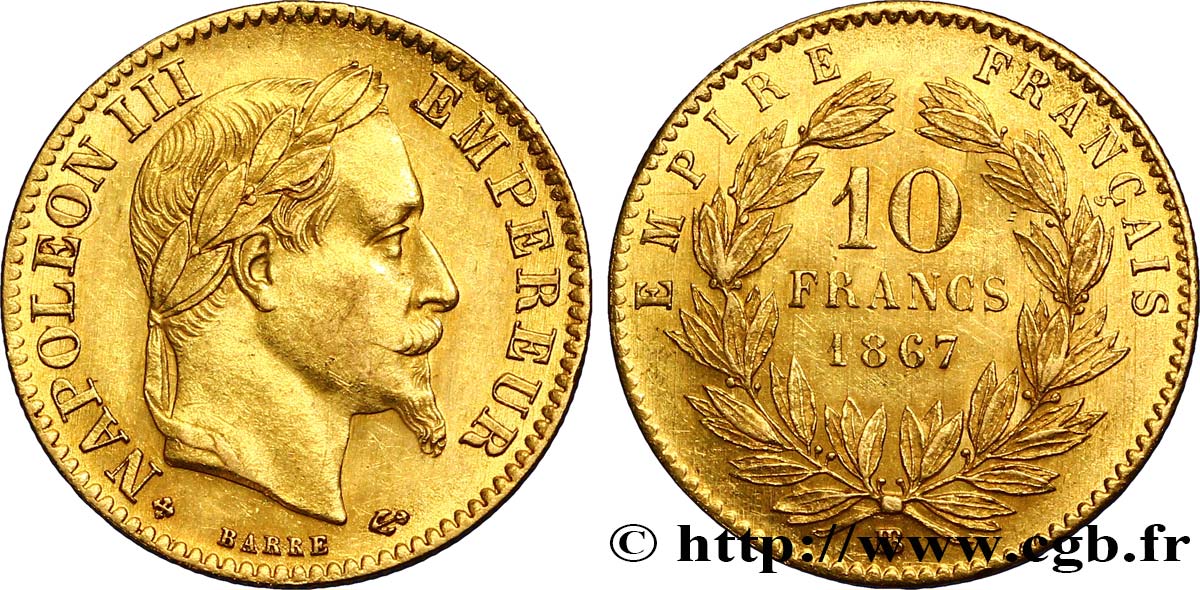 10 francs or Napoléon III, tête laurée 1867 Strasbourg F.507A/16 AU58 