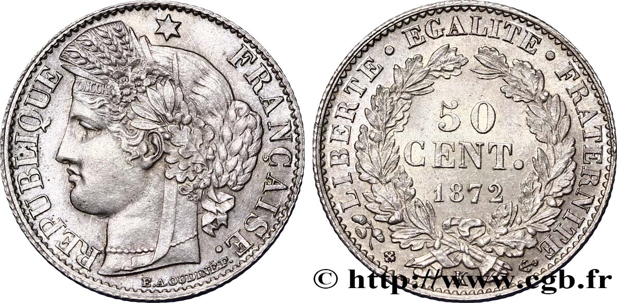 50 centimes Cérès, IIIe République 1872 Bordeaux F.189/4 VZ60 
