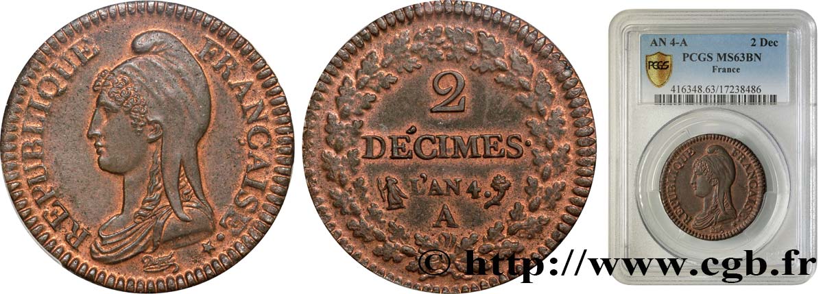 2 décimes Dupré 1796 Paris F.145/1 SC63 PCGS