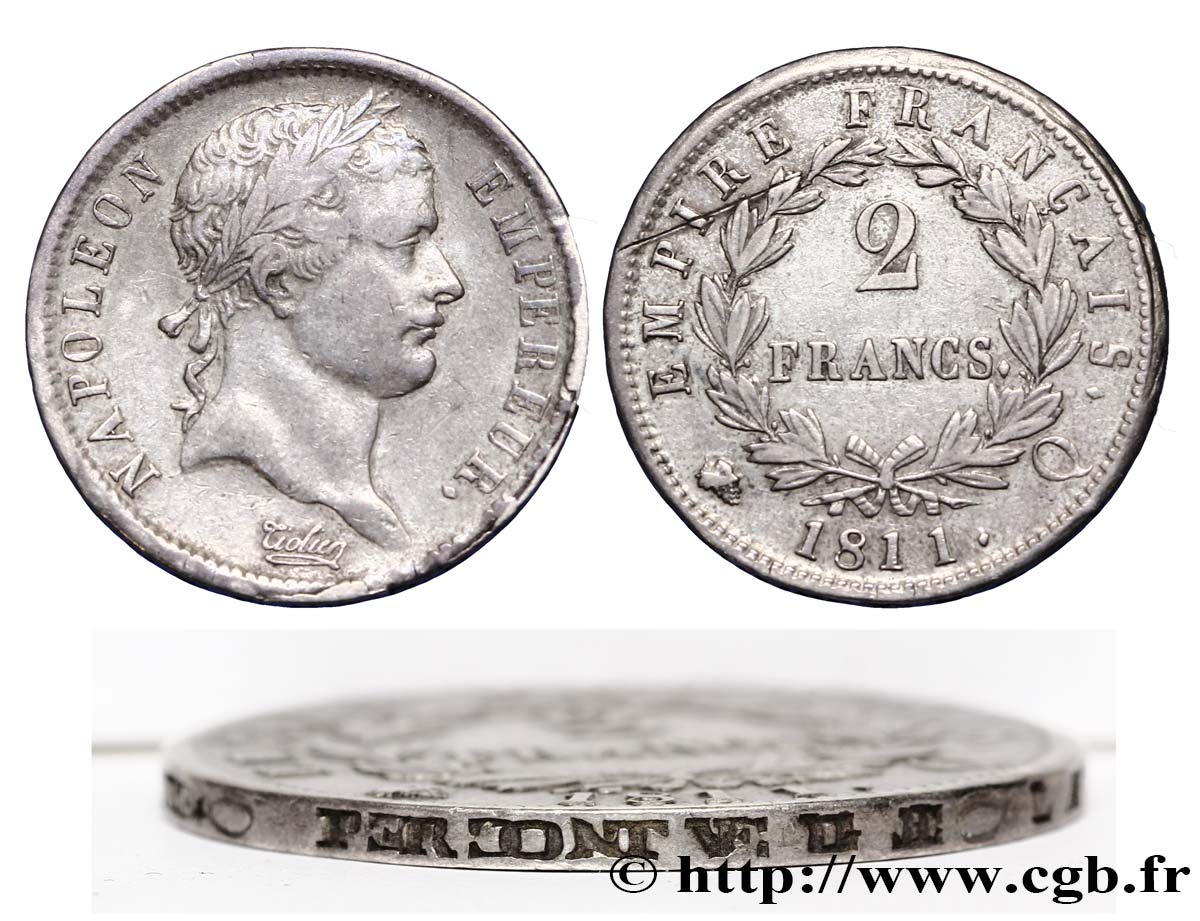 2 francs Napoléon Ier tête laurée, Empire français 1811 Perpignan F.255/34 SS45 