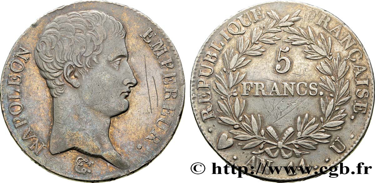 5 francs Napoléon Empereur, Calendrier révolutionnaire 1805 Turin F.303/26 AU50 
