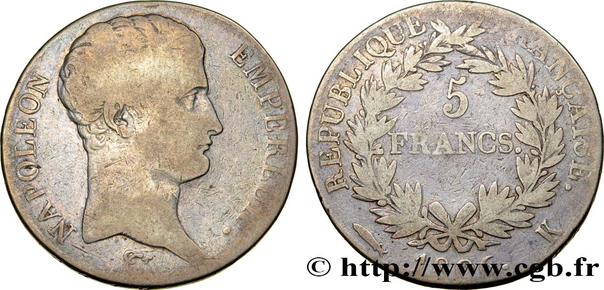 5 francs Napoléon Empereur, Calendrier grégorien 1806 Bordeaux F.304/6 VF20 