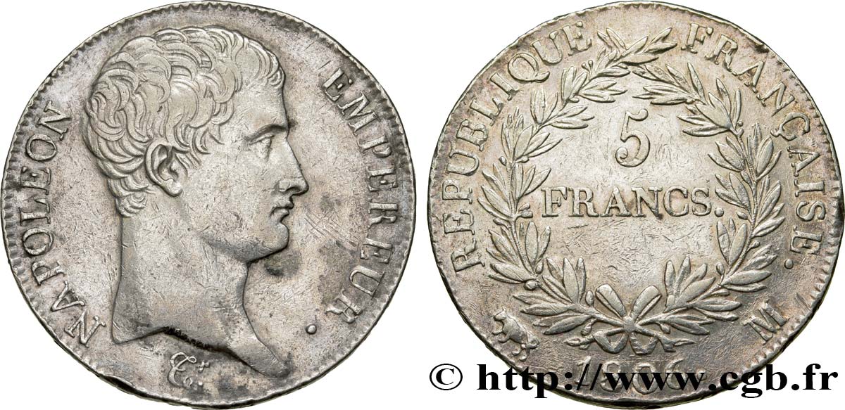5 francs Napoléon Empereur, Calendrier grégorien 1806 Toulouse F.304/8 AU53 