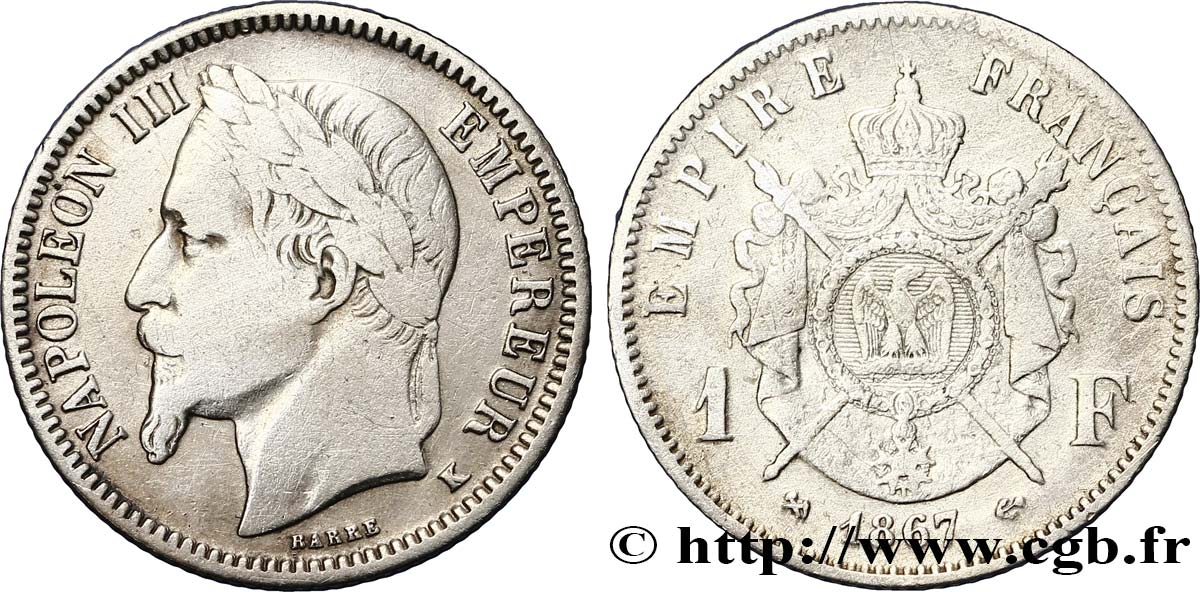 1 franc Napoléon III, tête laurée 1867 Bordeaux F.215/9 TB 