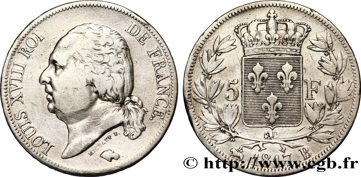 5 francs Louis XVIII, tête nue 1817 Rouen F.309/15 S 