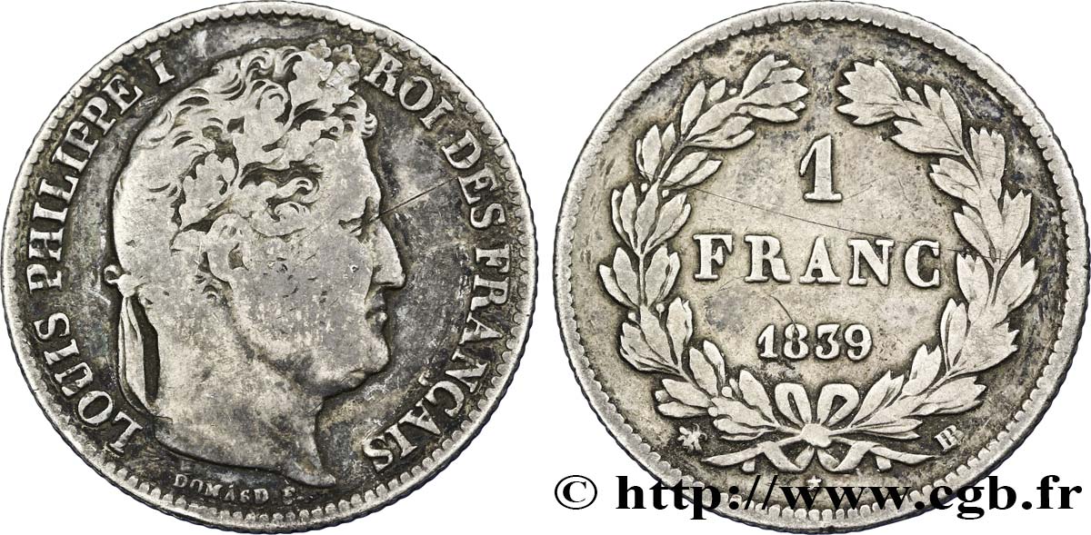 1 franc Louis-Philippe, couronne de chêne 1839 Strasbourg F.210/69 VF20 