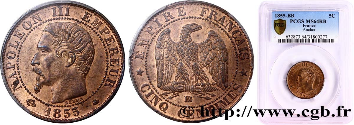 Cinq centimes Napoléon III, tête nue 1855 Strasbourg F.116/21 SC64 PCGS