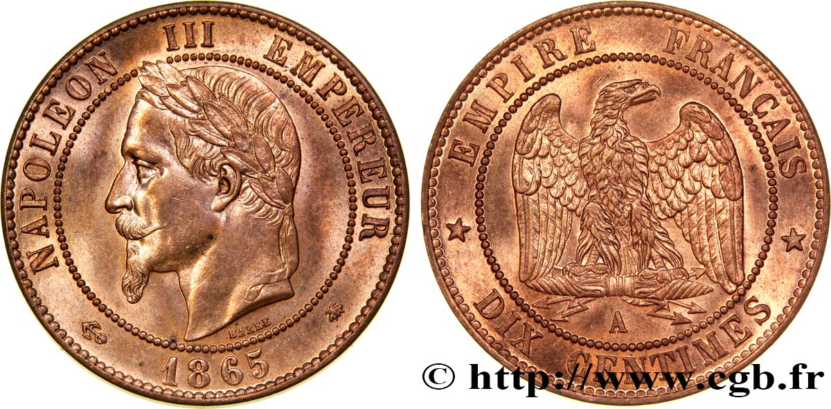 Dix centimes Napoléon III, tête laurée 1865 Paris F.134/16 MS63 