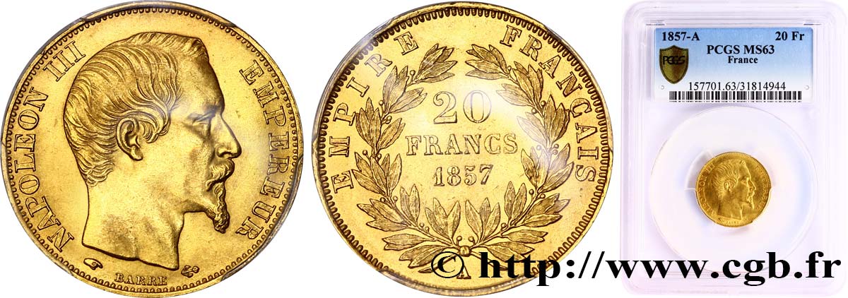 20 francs or Napoléon III, tête nue 1857 Paris F.531/12 SPL63 PCGS