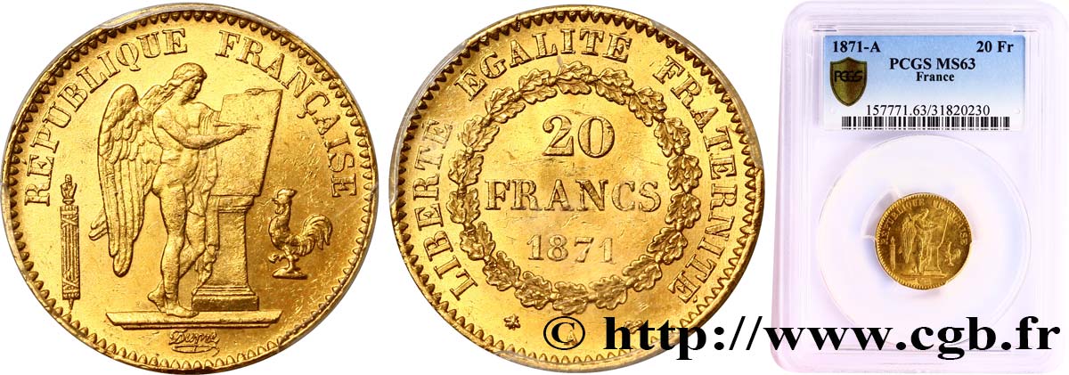 20 francs or Génie, IIIe République 1871 Paris F.533/1 fST63 PCGS