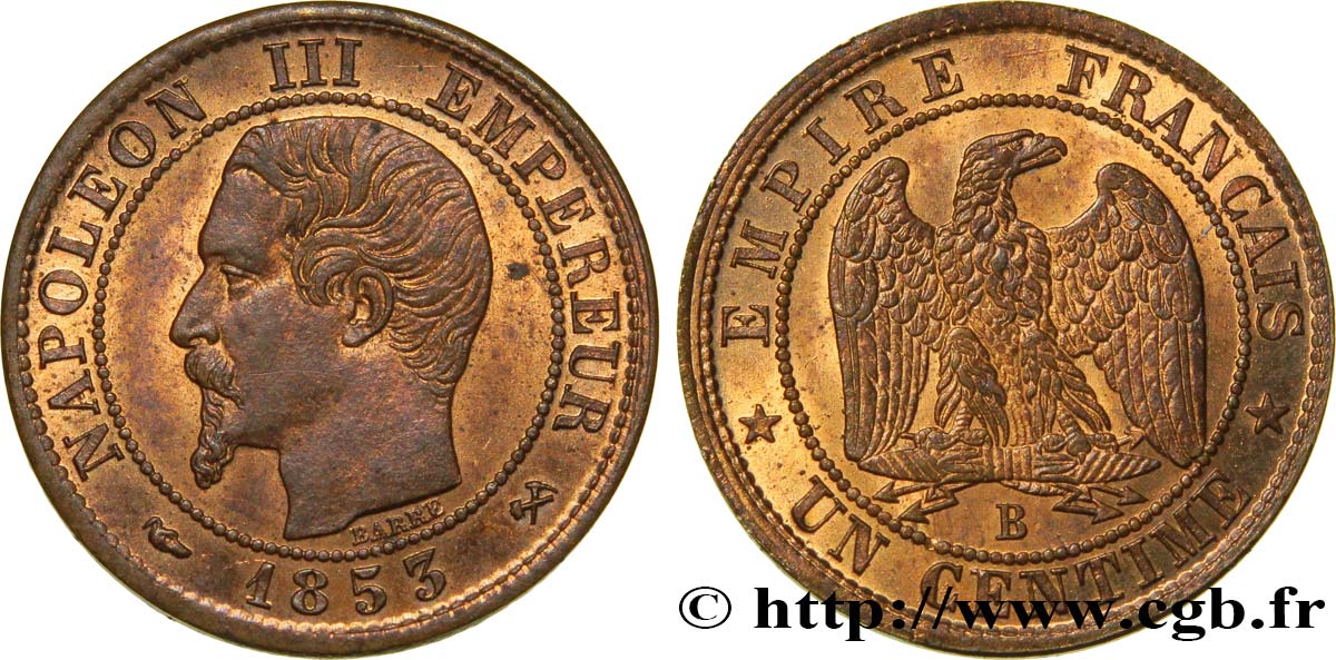 Un centime Napoléon III, tête nue 1853 Rouen F.102/2 EBC62 